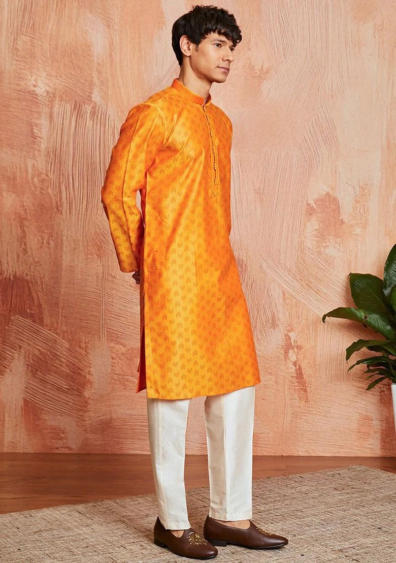 Orange Thread Work Poly Blend Kurta Set For Men
