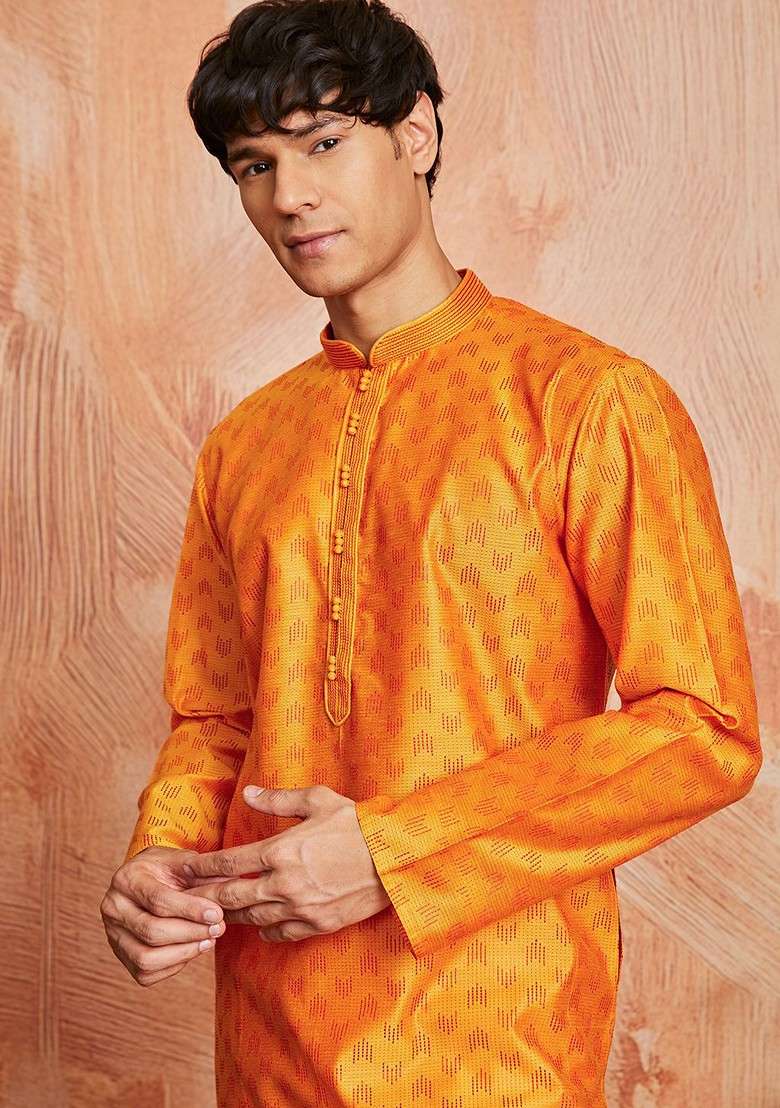 Orange Thread Work Poly Blend Kurta Set For Men - Indya