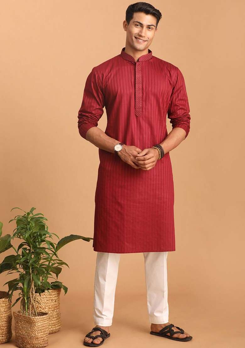 Maroon Striped Poly Blend Kurta Set For Men - Indya