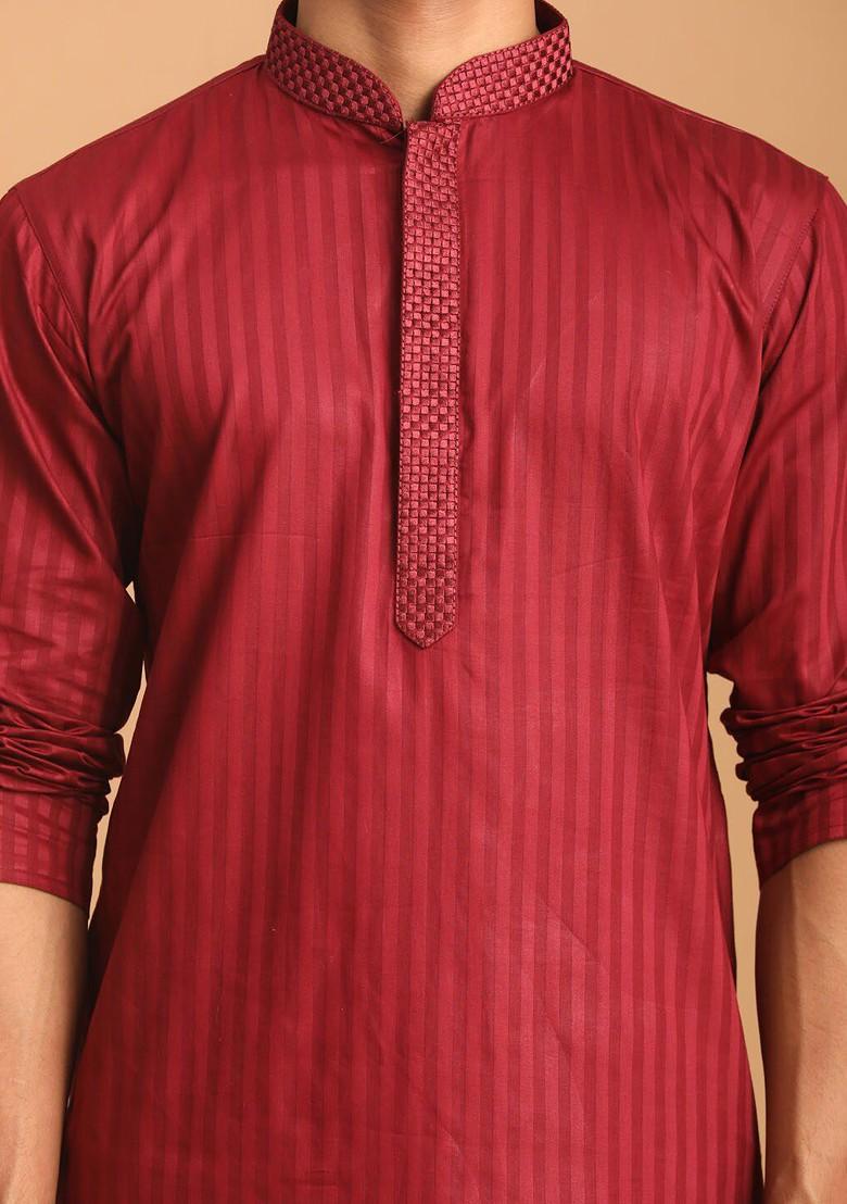 Maroon Striped Poly Blend Kurta Set For Men