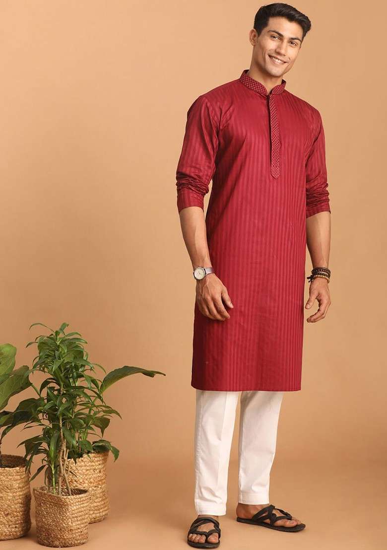 Maroon Striped Poly Blend Kurta Set For Men - Indya