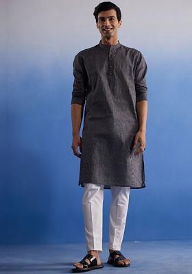 Black Striped Cotton Kurta Set For Men
