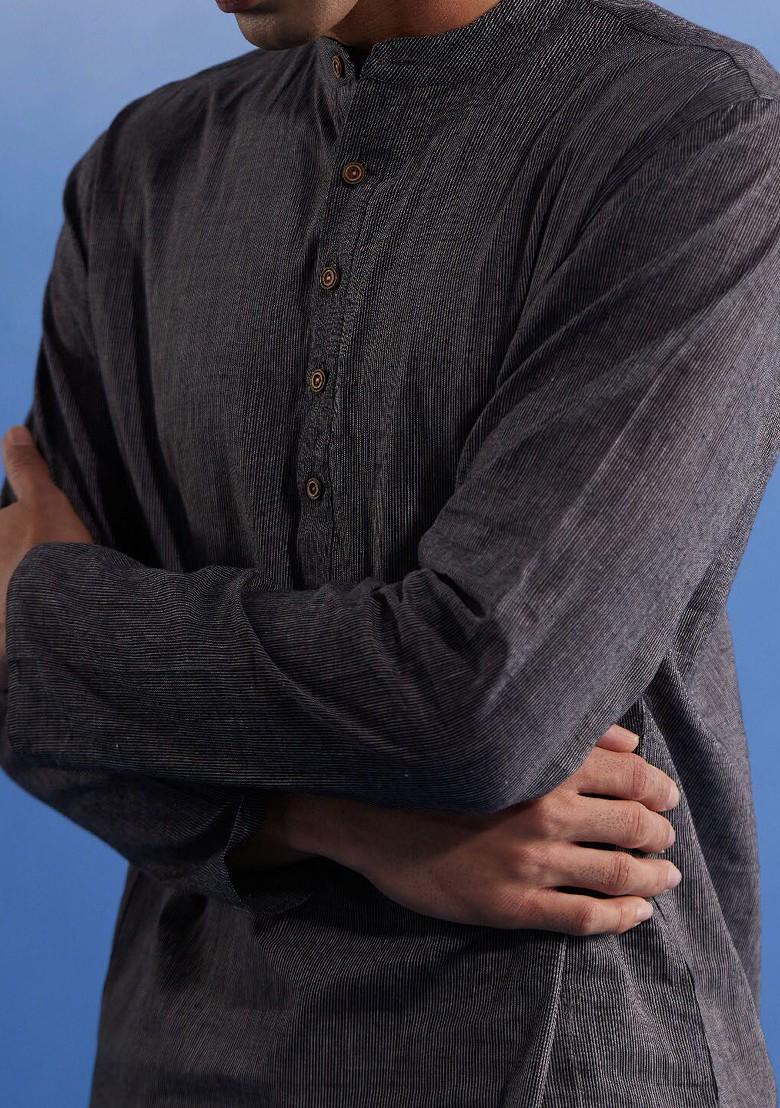 Black Striped Cotton Kurta Set For Men