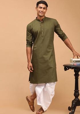 Olive Solid Cotton Kurta Set For Men