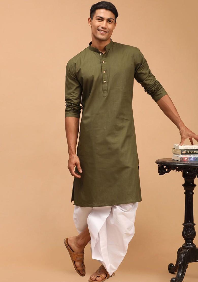 Olive Solid Cotton Kurta Set For Men