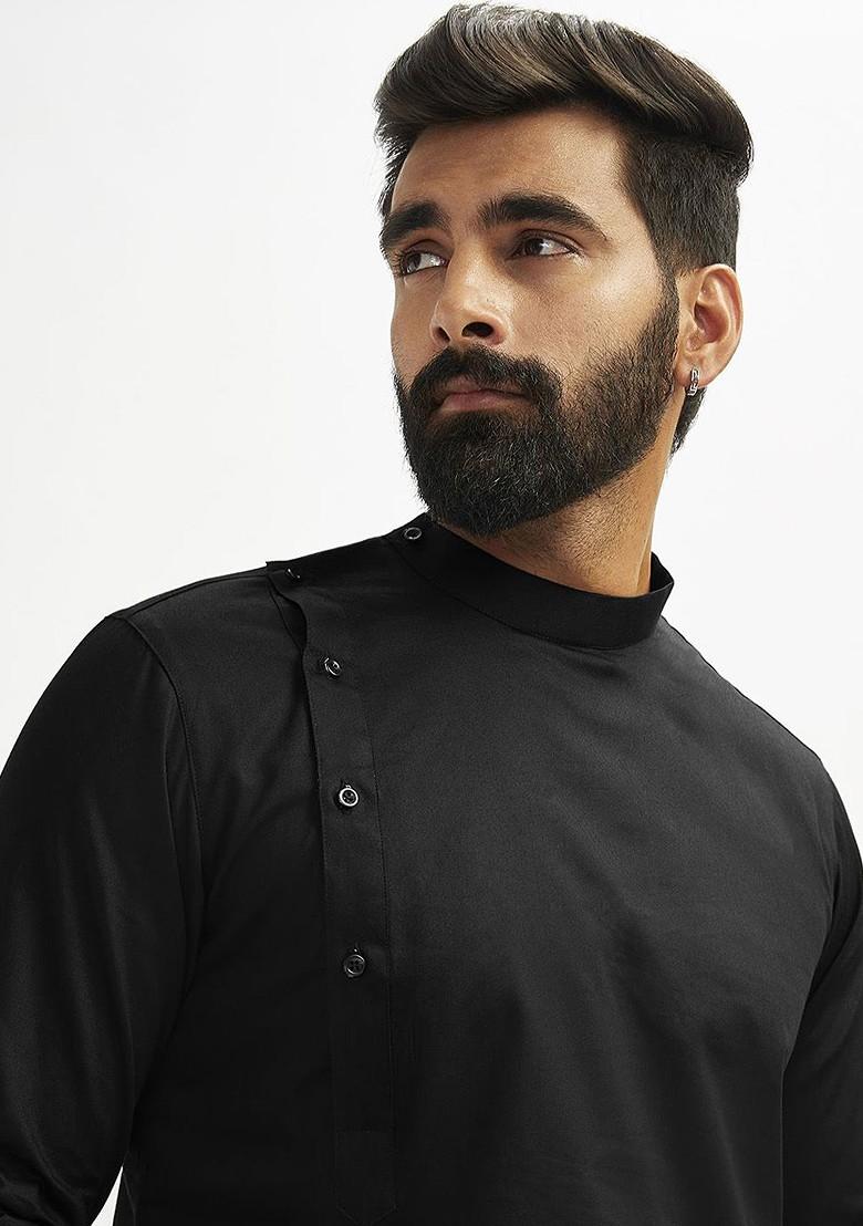 Black Solid Poly Blend Kurta Set For Men