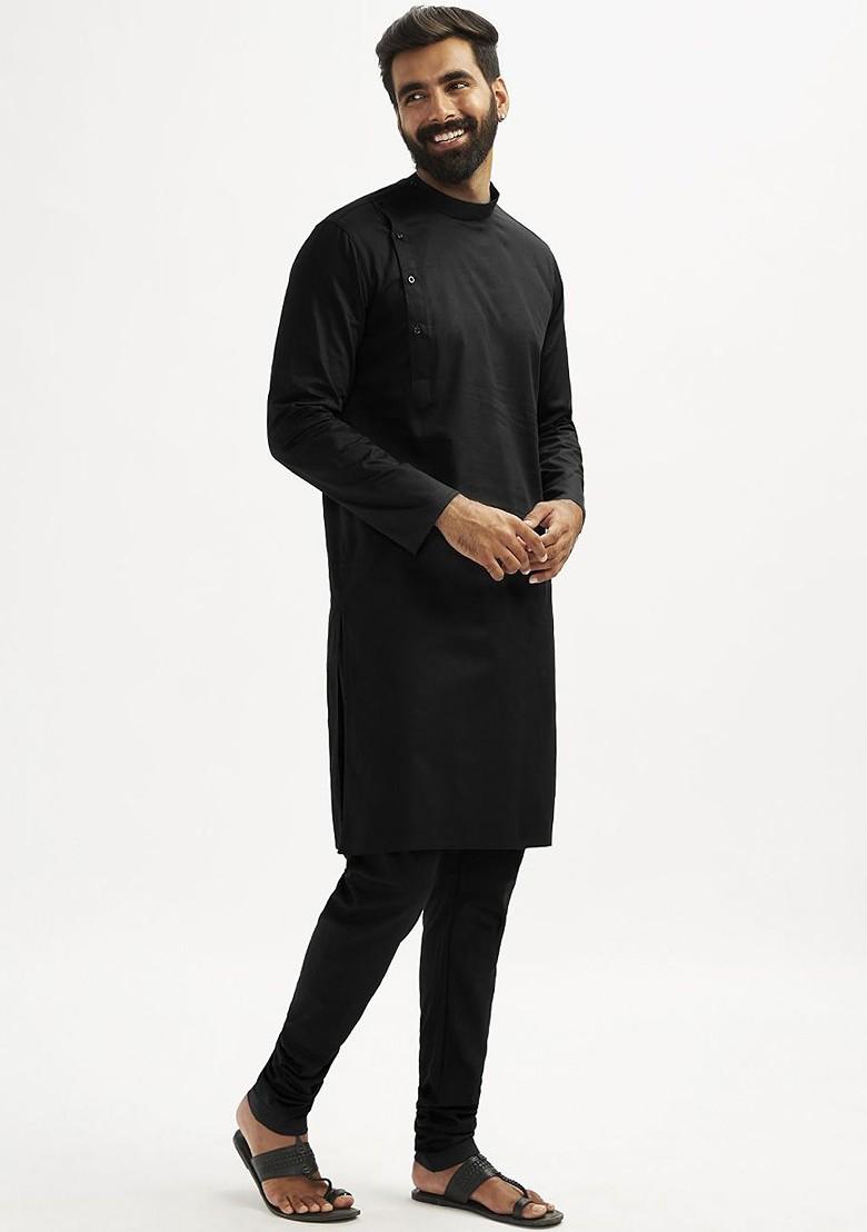 Black Solid Poly Blend Kurta Set For Men