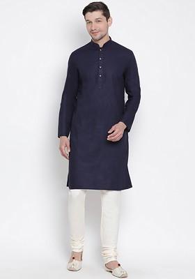 Navy Blue Solid Poly Blend Kurta Set For Men