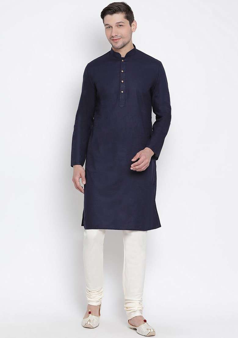 Navy Blue Solid Poly Blend Kurta Set For Men - Indya