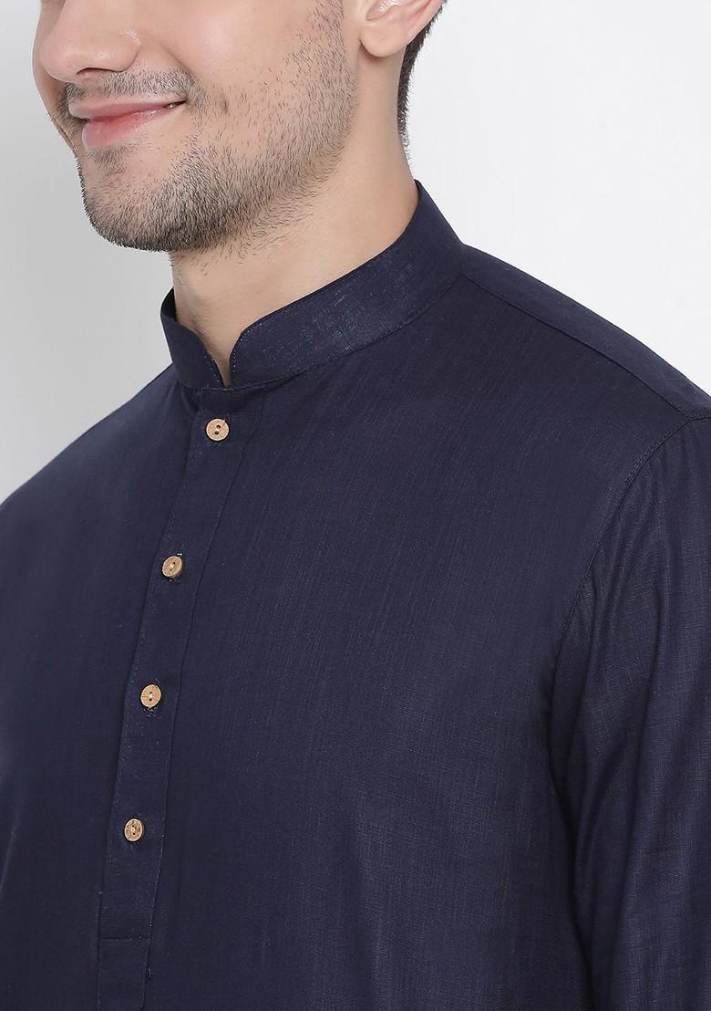 Navy Blue Solid Poly Blend Kurta Set For Men