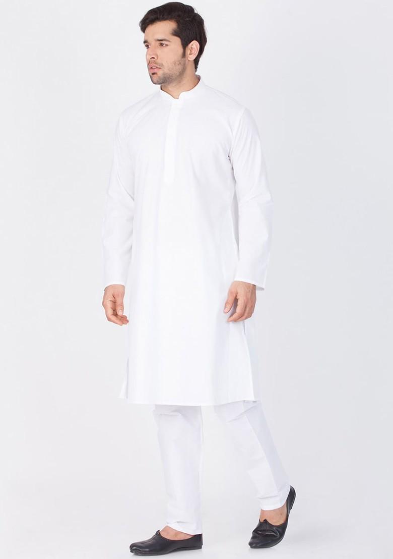 White Solid Poly Blend Kurta Set For Men