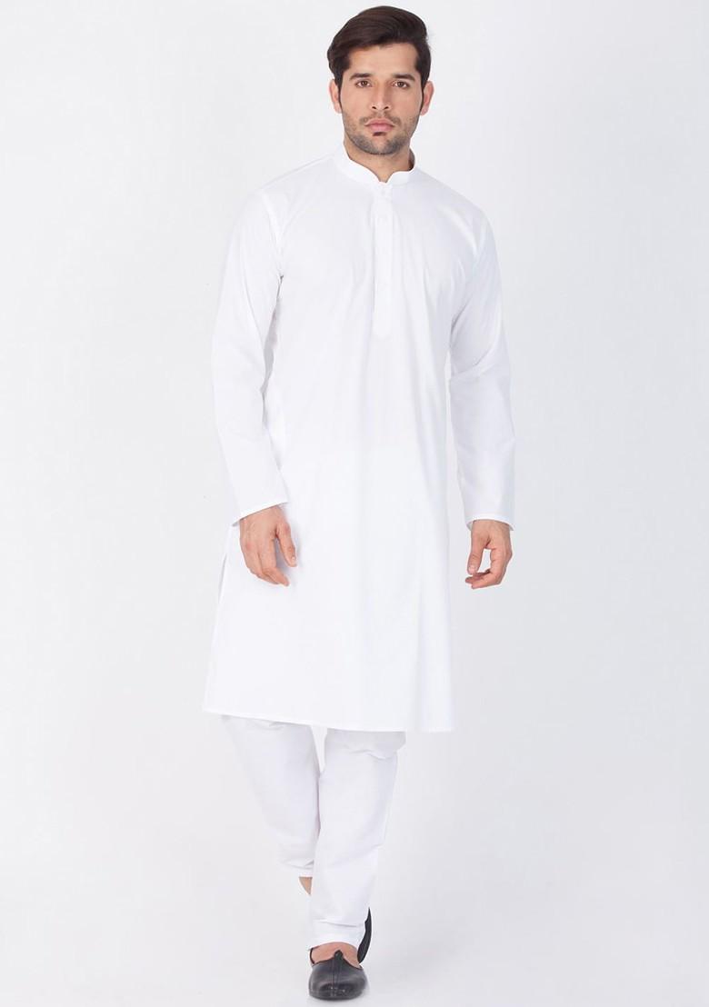 White Solid Poly Blend Kurta Set For Men