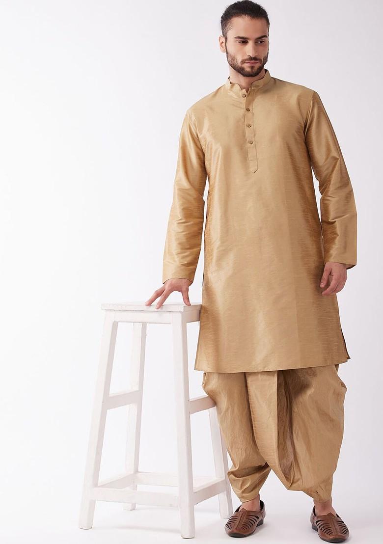 Rose Gold Solid Poly Blend Kurta Set For Men