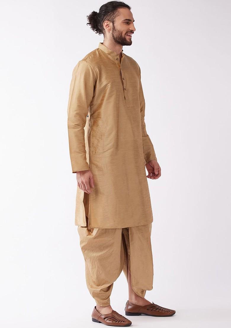 Rose Gold Solid Poly Blend Kurta Set For Men