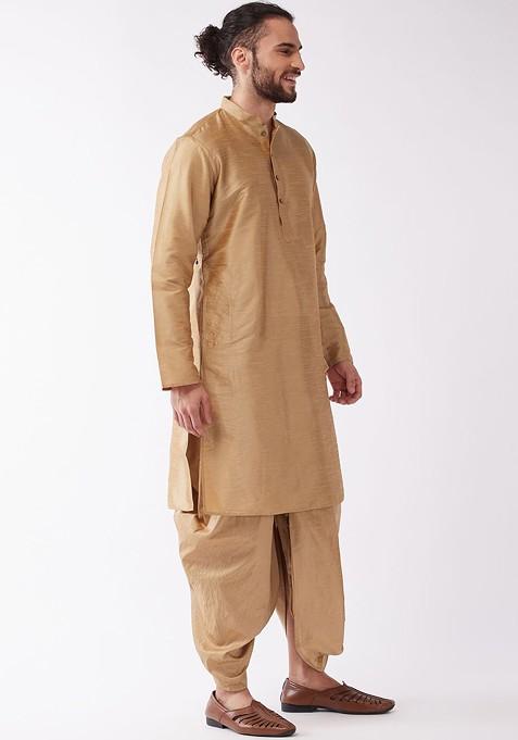 Rose Gold Solid Poly Blend Kurta Set For Men