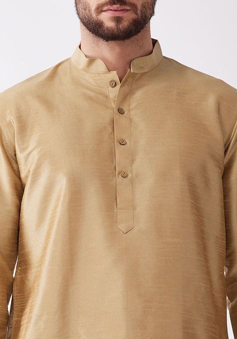Rose Gold Solid Poly Blend Kurta Set For Men
