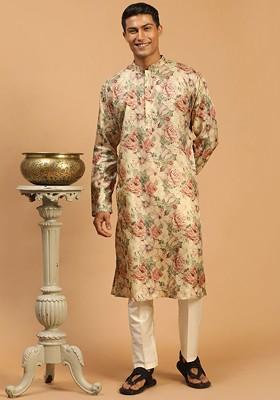Brown Floral Print Poly Blend Kurta Set For Men