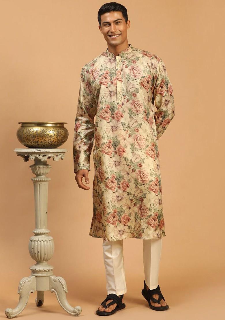 Brown Floral Print Poly Blend Kurta Set For Men