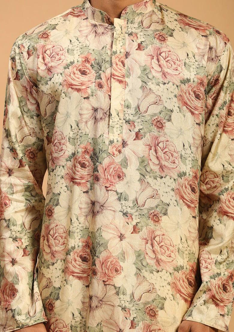 Brown Floral Print Poly Blend Kurta Set For Men