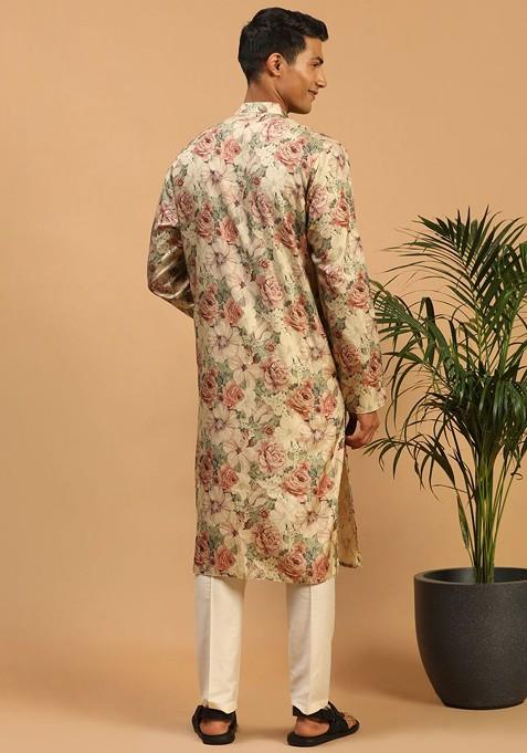 Brown Floral Print Poly Blend Kurta Set For Men