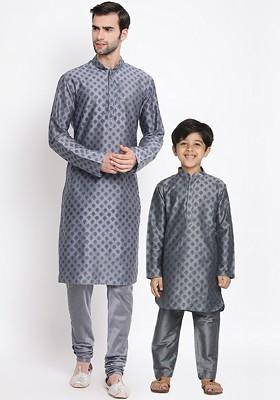 Grey Printed Cotton Kurta Set For Men
