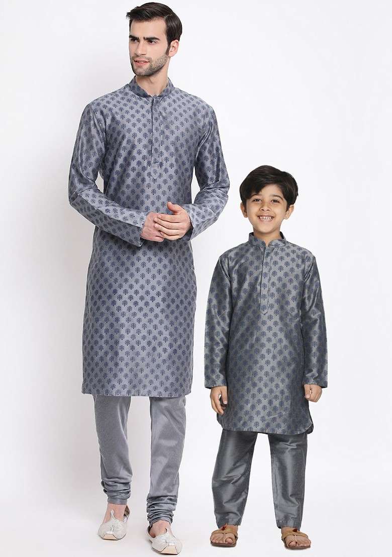 Grey Printed Cotton Kurta Set For Men - Indya