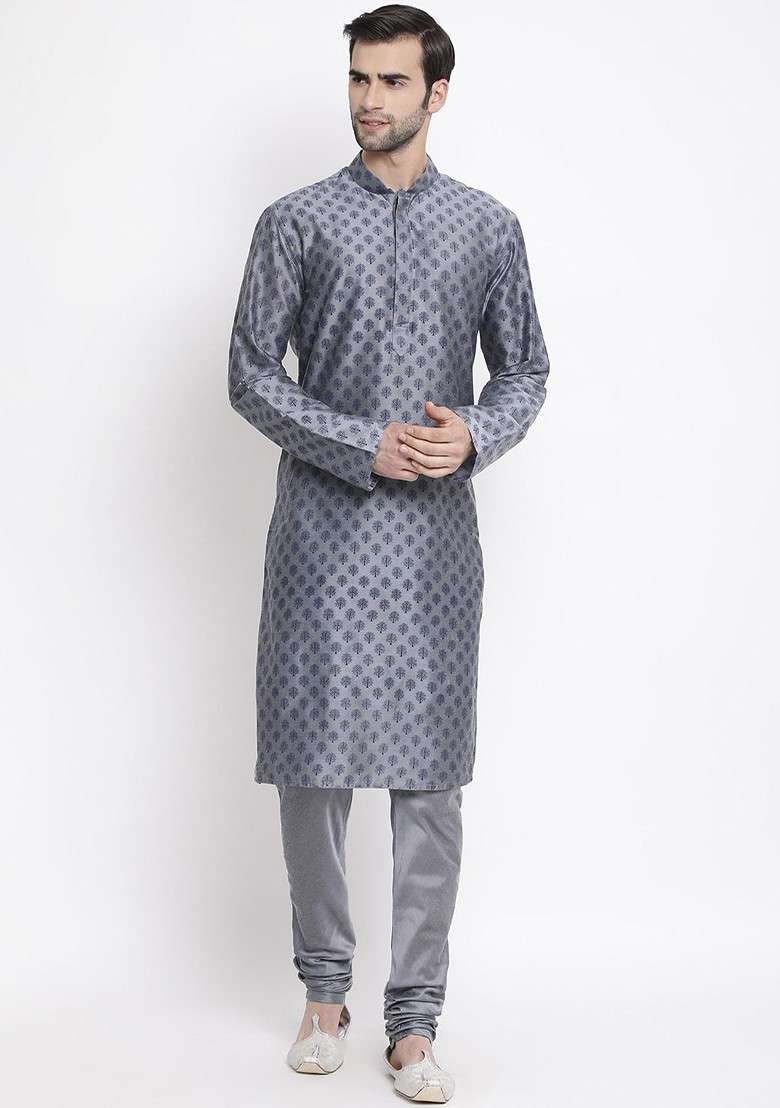 Grey Printed Cotton Kurta Set For Men - Indya
