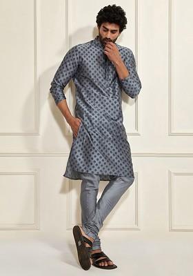 Grey Printed Poly Blend Kurta Set For Men