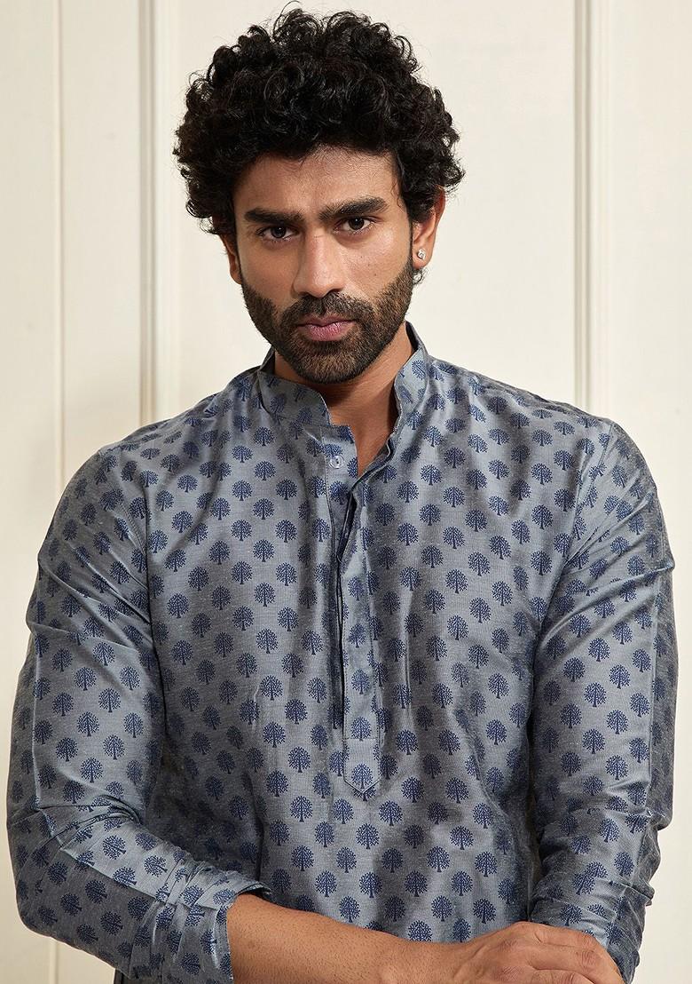 Grey Printed Poly Blend Kurta Set For Men