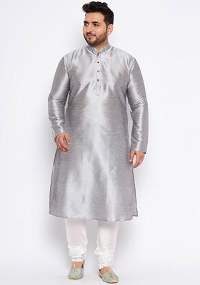 Grey Solid Poly Blend Kurta Set For Men