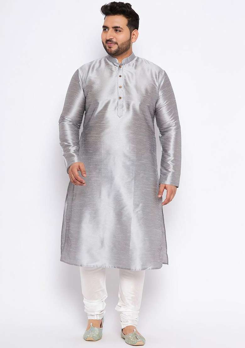 Grey Solid Poly Blend Kurta Set For Men - Indya