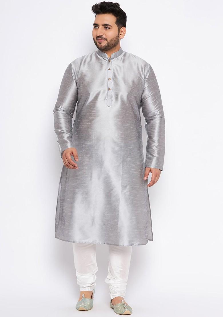 Grey Solid Poly Blend Kurta Set For Men