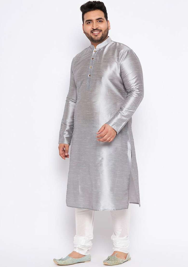 Grey Solid Poly Blend Kurta Set For Men - Indya