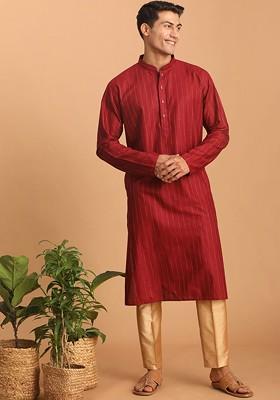 Maroon Striped Poly Blend Kurta Set For Men