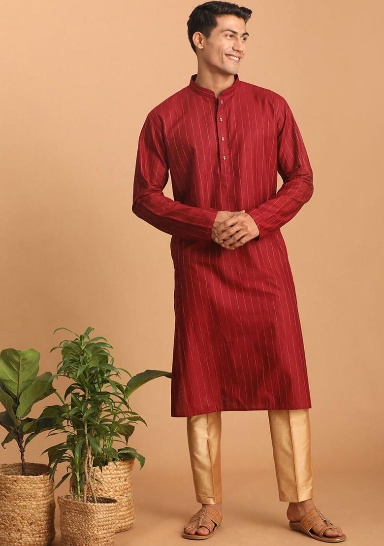 Maroon Striped Poly Blend Kurta Set For Men