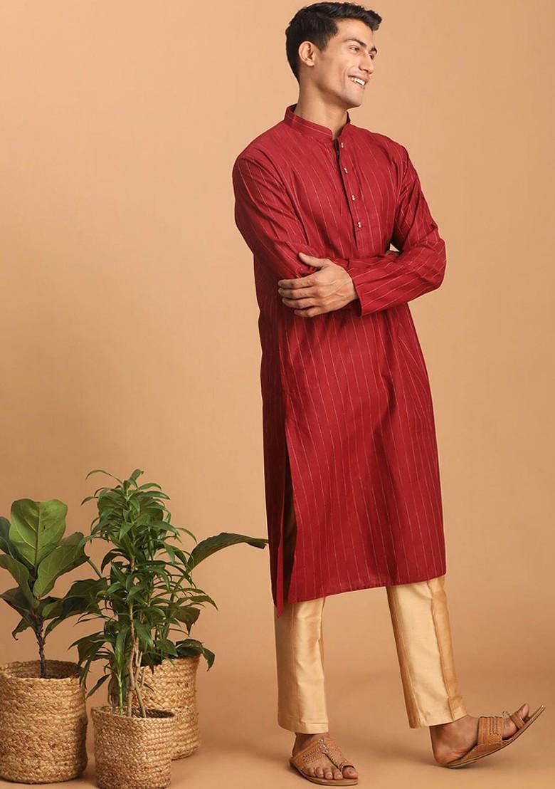 Maroon Striped Poly Blend Kurta Set For Men