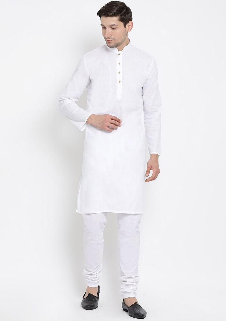 White Solid Poly Blend Kurta Set For Men