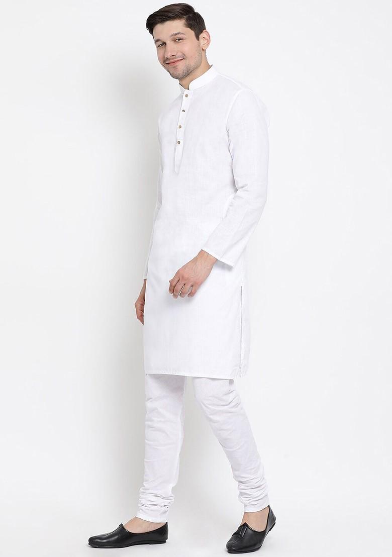 White Solid Poly Blend Kurta Set For Men