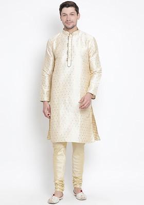 Gold Woven Poly Blend Kurta Set For Men