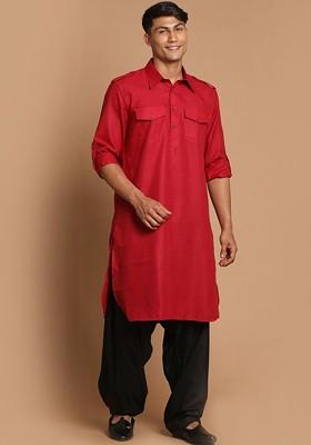 Maroon Solid Pathani Kurta Set For Men