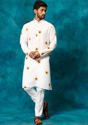 White Floral Print Poly Blend Kurta Set For Men