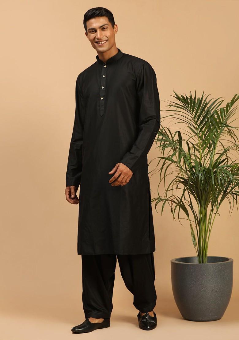 Black Solid Poly Blend Kurta Set For Men