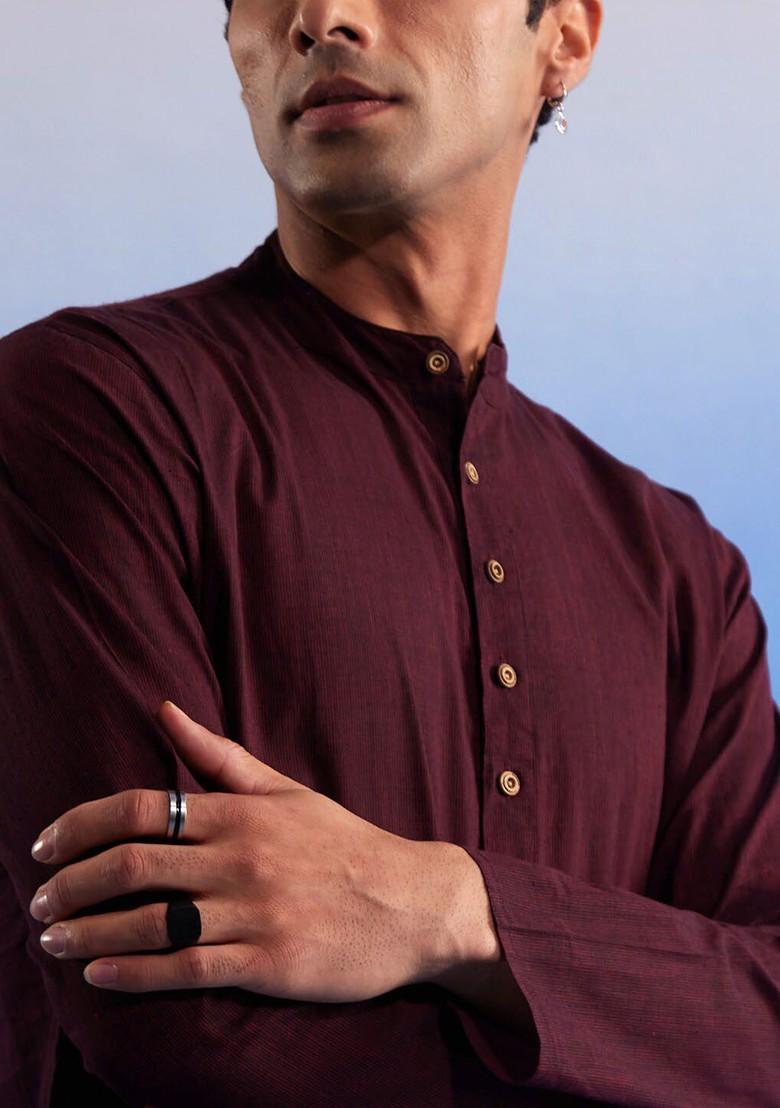 Maroon Solid Cotton Kurta Set For Men