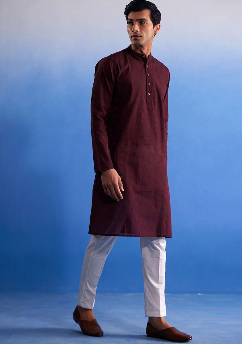 Maroon Solid Cotton Kurta Set For Men