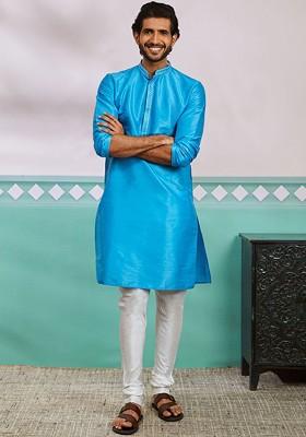 Blue Thread Work Poly Blend Kurta Set For Men