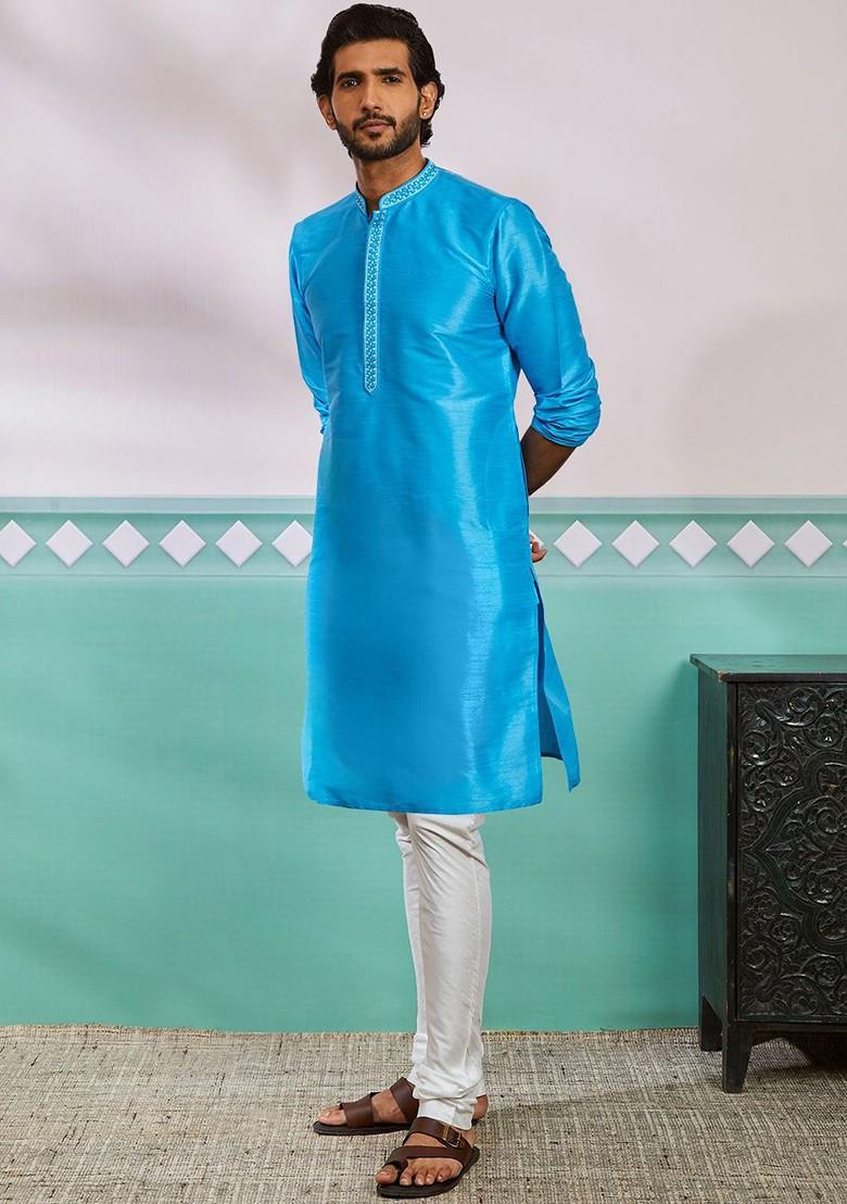 Blue Thread Work Poly Blend Kurta Set For Men