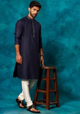Navy Blue Geometric Print Poly Blend Kurta Set For Men