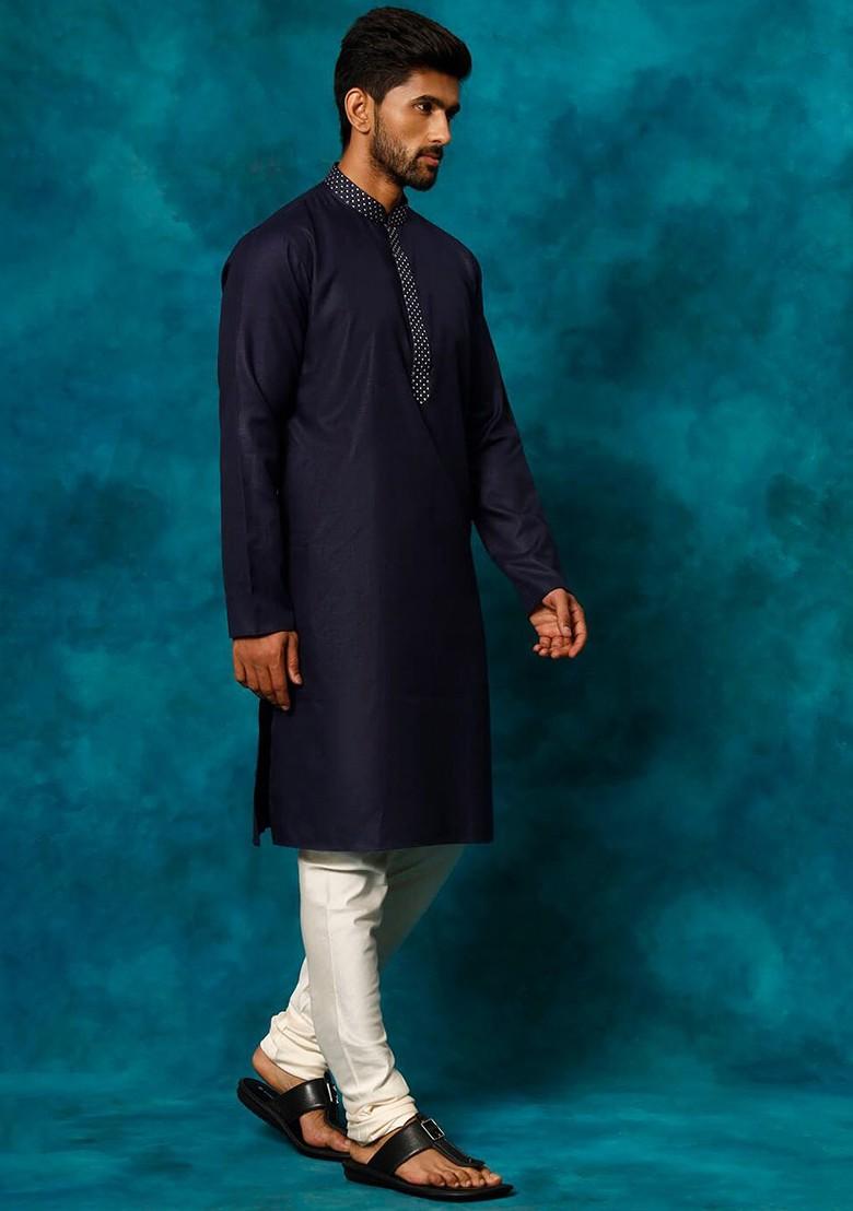 Navy Blue Geometric Print Poly Blend Kurta Set For Men