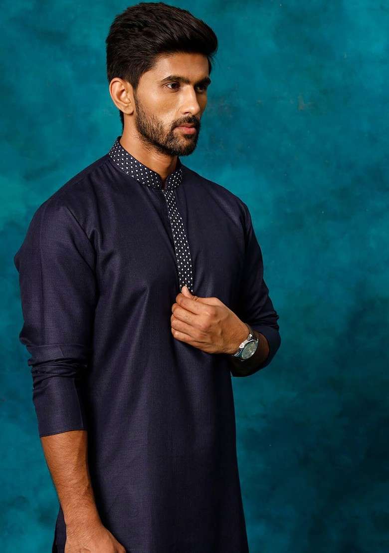 Navy Blue Geometric Print Poly Blend Kurta Set For Men - Indya