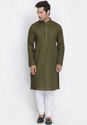 Olive Solid Poly Blend Kurta Set For Men